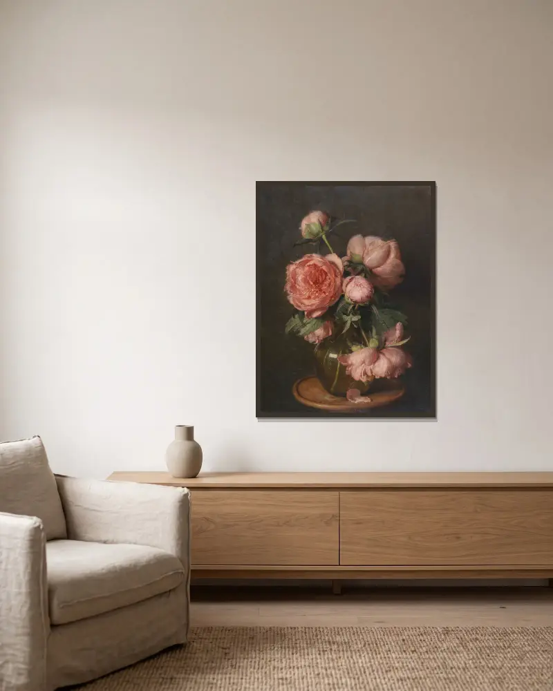 Pfingstrosen von Eduard von Grützner gerahmt an einer Wand