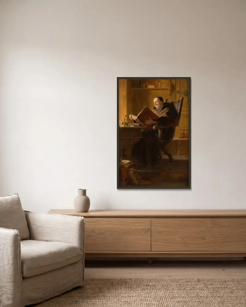 Lesender Mönch von Eduard von Grützner gerahmt an einer Wand