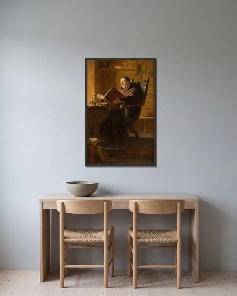 Lesender Mönch von Eduard von Grützner gerahmt an einer Wand