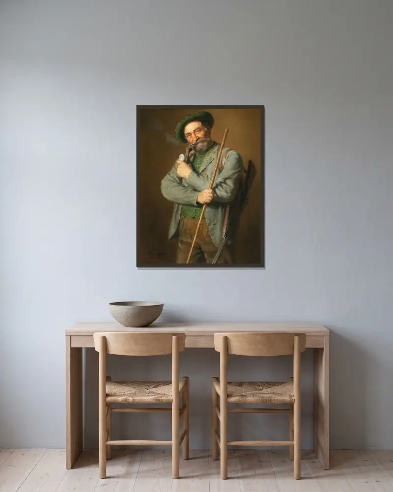 Jägaren av Eduard von Grützner inramad på en vägg