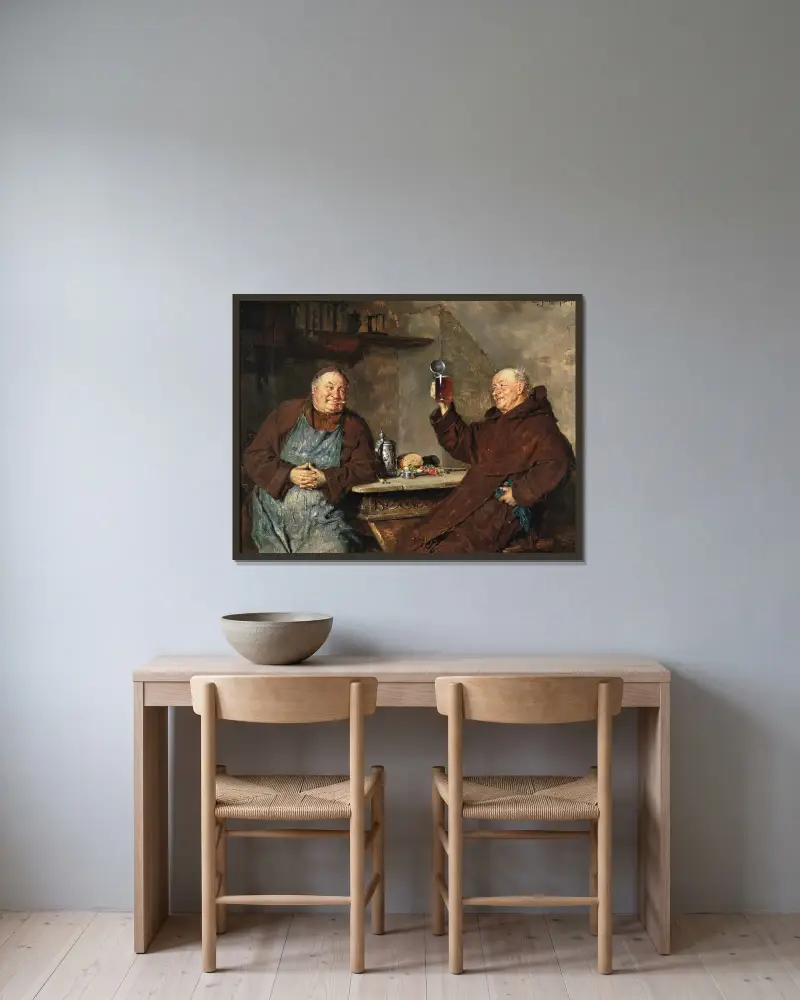 Two Monks Having a Meal in the Monastery Cellar av Eduard von Grützner inramad på en vägg