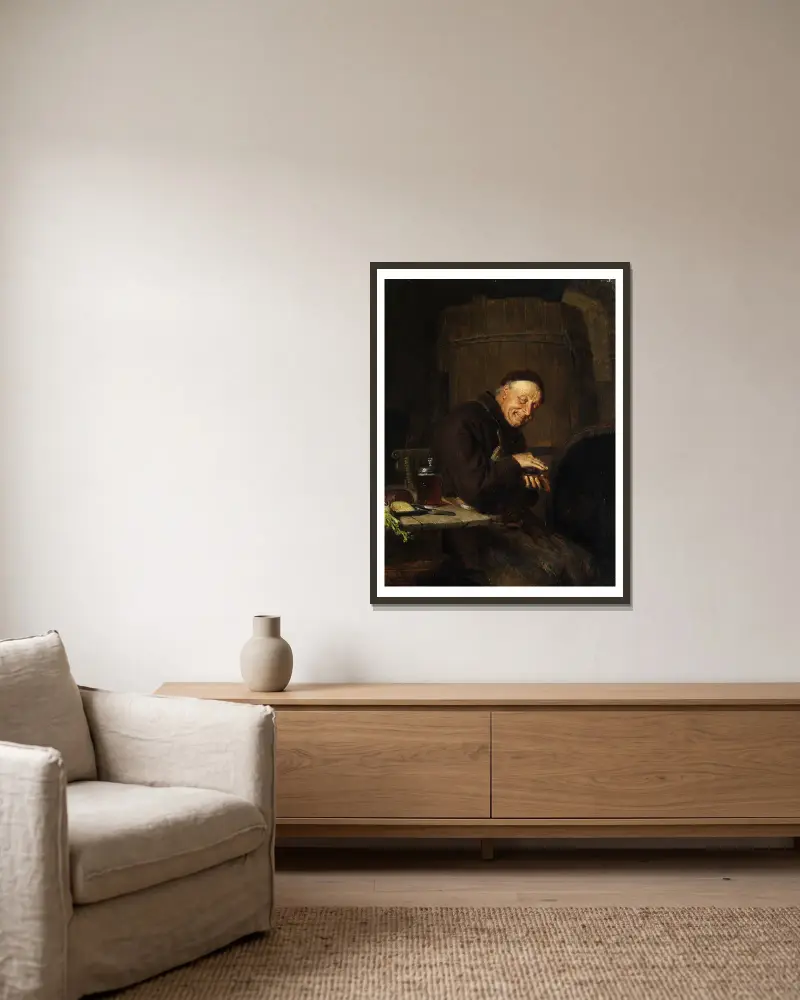 Vor der Brotzeit von Eduard von Grützner gerahmt an einer Wand