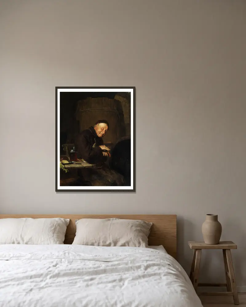 Vor der Brotzeit von Eduard von Grützner gerahmt an einer Wand
