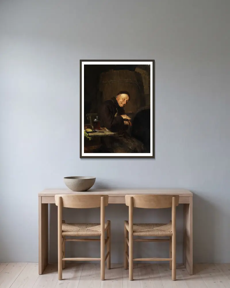 Vor der Brotzeit von Eduard von Grützner gerahmt an einer Wand