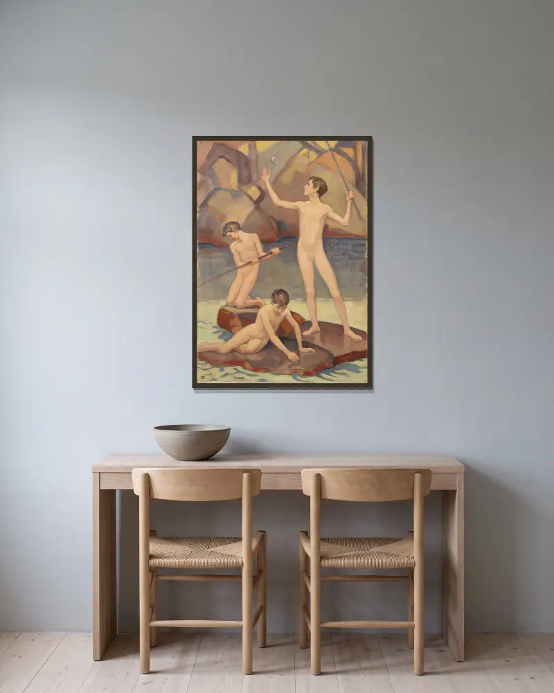 Angelnde Knaben von Ludwig von Hofmann gerahmt an einer Wand