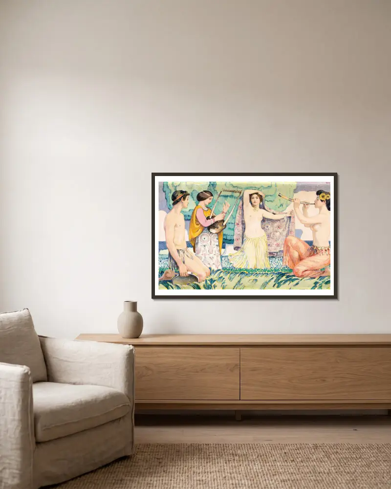 Arkadische Idylle von Ludwig von Hofmann gerahmt an einer Wand
