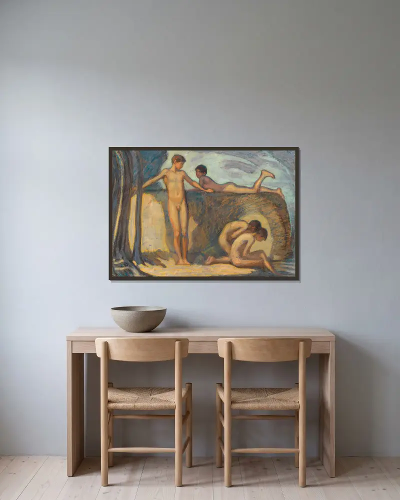 Badende Knaben, 1912 von Ludwig von Hofmann gerahmt an einer Wand