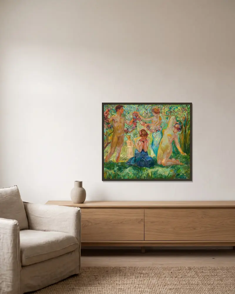 Tänzer mit Blumenkranz von Ludwig von Hofmann gerahmt an einer Wand