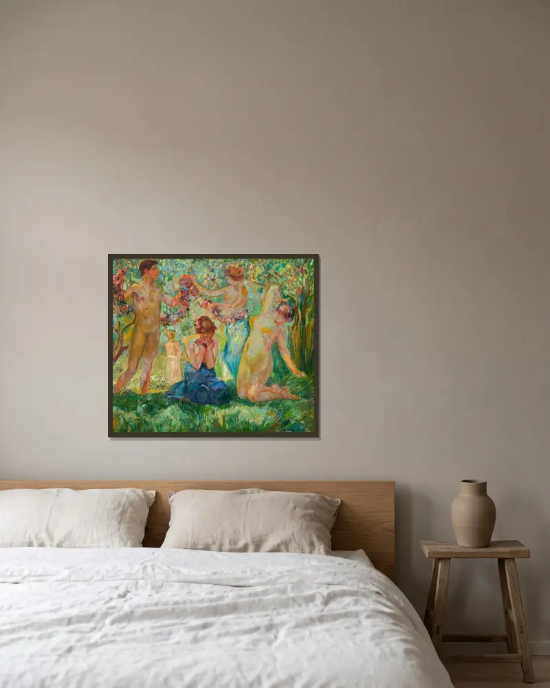 Tänzer mit Blumenkranz von Ludwig von Hofmann gerahmt an einer Wand