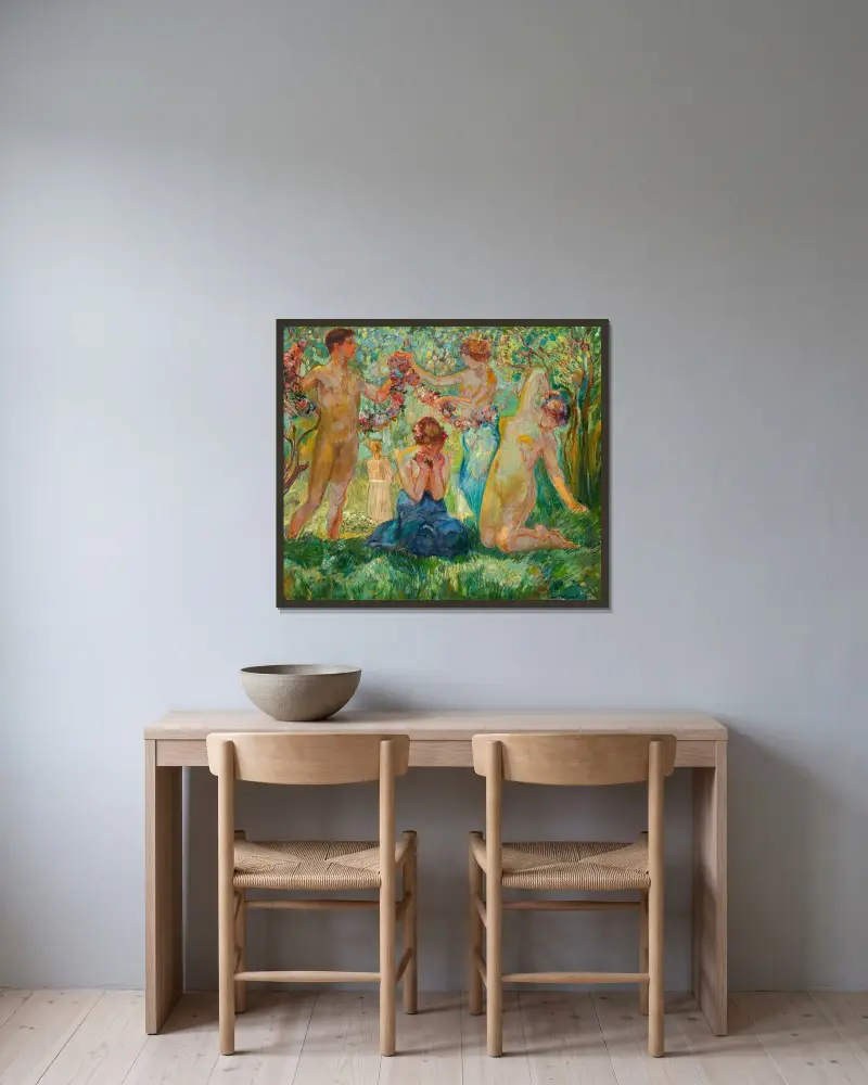 Tänzer mit Blumenkranz von Ludwig von Hofmann gerahmt an einer Wand