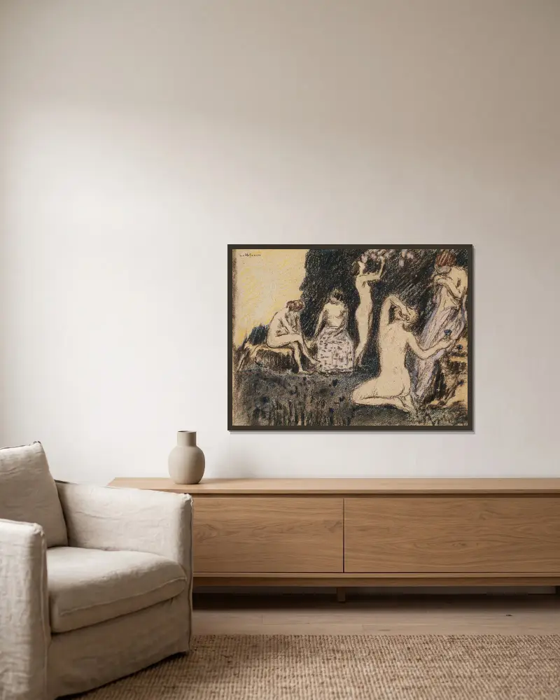 Landschaft mit fünf nackten Frauen von Ludwig von Hofmann gerahmt an einer Wand