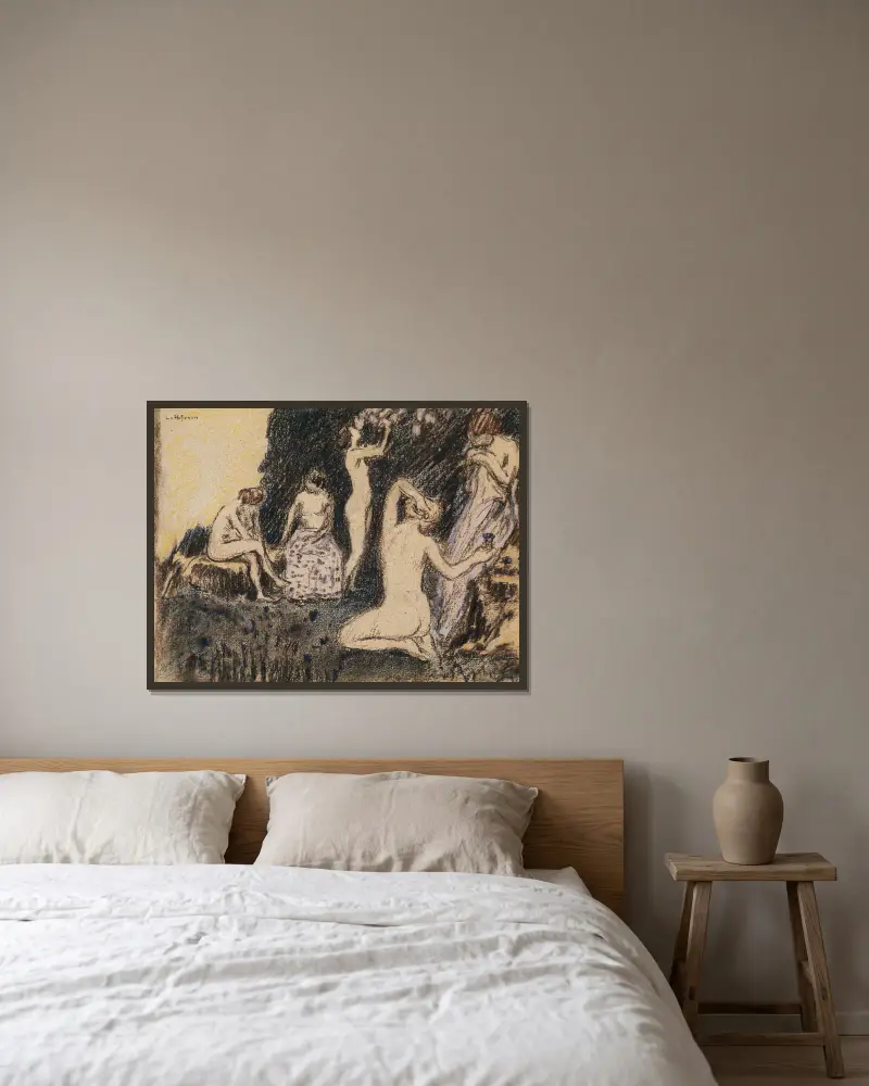 Landschaft mit fünf nackten Frauen von Ludwig von Hofmann gerahmt an einer Wand