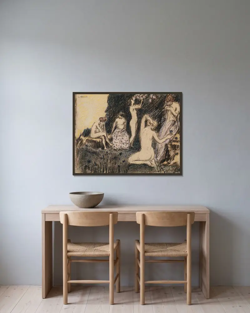 Landschaft mit fünf nackten Frauen von Ludwig von Hofmann gerahmt an einer Wand