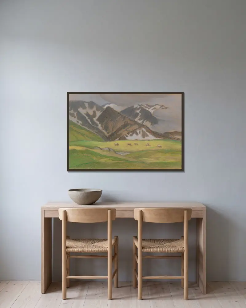 Schweizer Alpenlandschaft mit weidenden Kühen av Ludwig von Hofmann inramad på en vägg