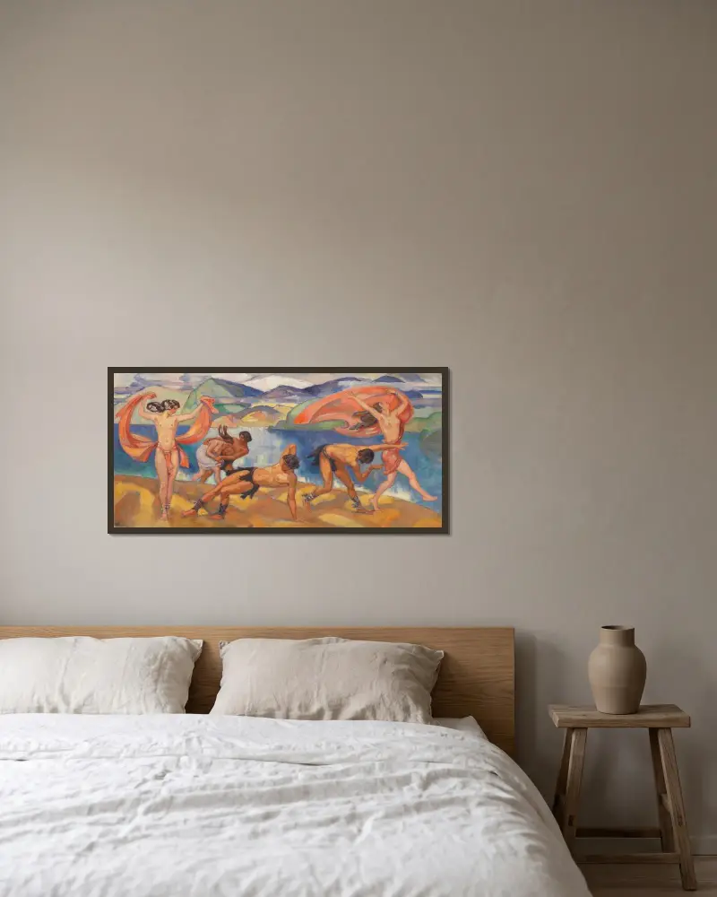Tanzende in weiter Landschaft von Ludwig von Hofmann gerahmt an einer Wand