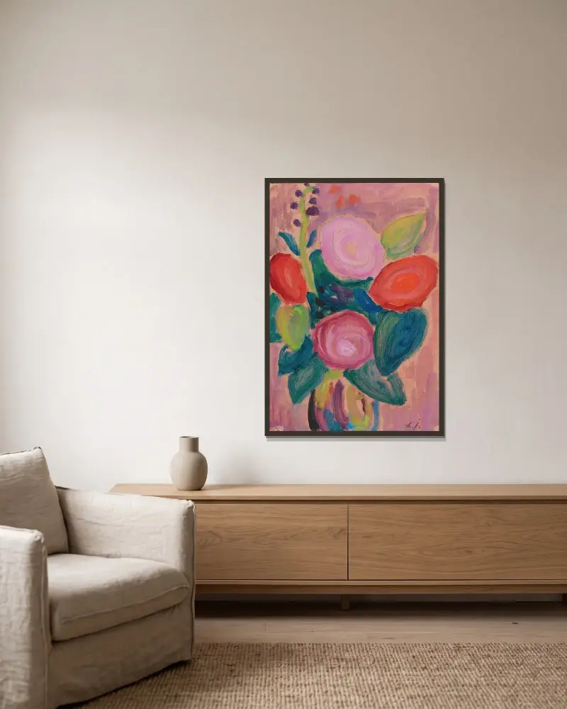 Blumenstrauss in Vase av Alexej von Jawlensky inramad på en vägg