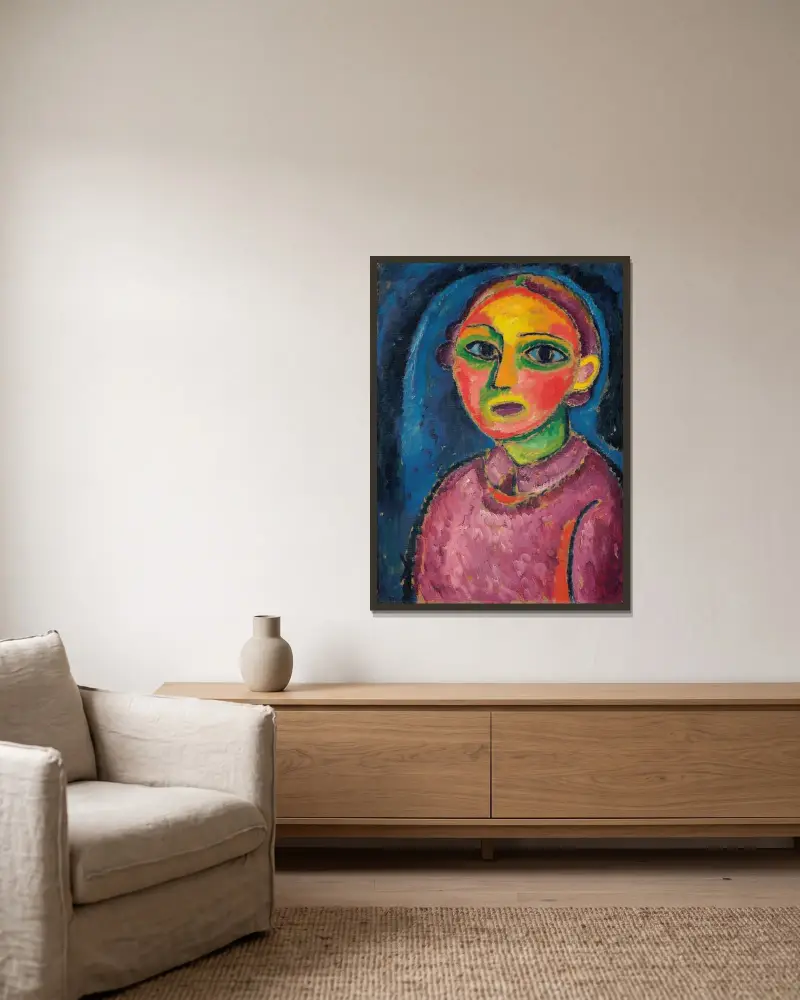Brustbild einer Frau in rötlichem Gewand av Alexej von Jawlensky inramad på en vägg
