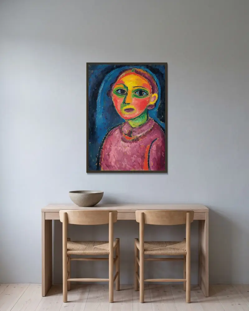 Brustbild einer Frau in rötlichem Gewand av Alexej von Jawlensky inramad på en vägg