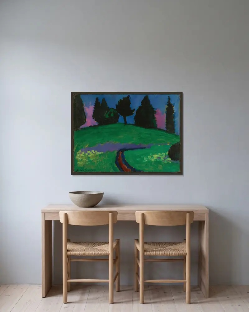 Dunkle Bäume über Grünem Hang (Dark Trees Over Green Slope) av Alexej von Jawlensky inramad på en vägg