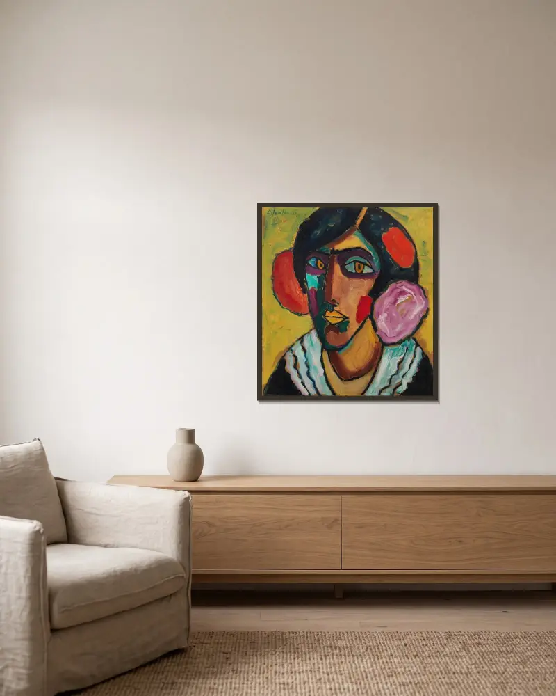 Frauenkopf mit Blumen im Haar av Alexej von Jawlensky inramad på en vägg