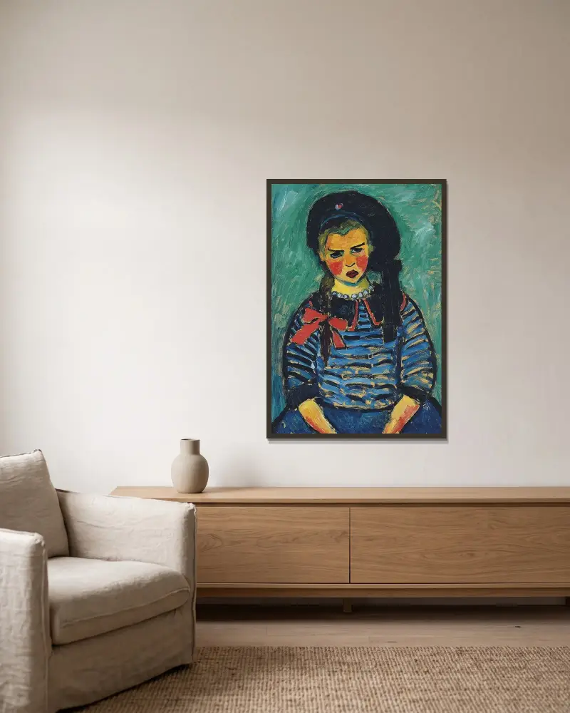 Girl With Red Ribbon av Alexej von Jawlensky inramad på en vägg