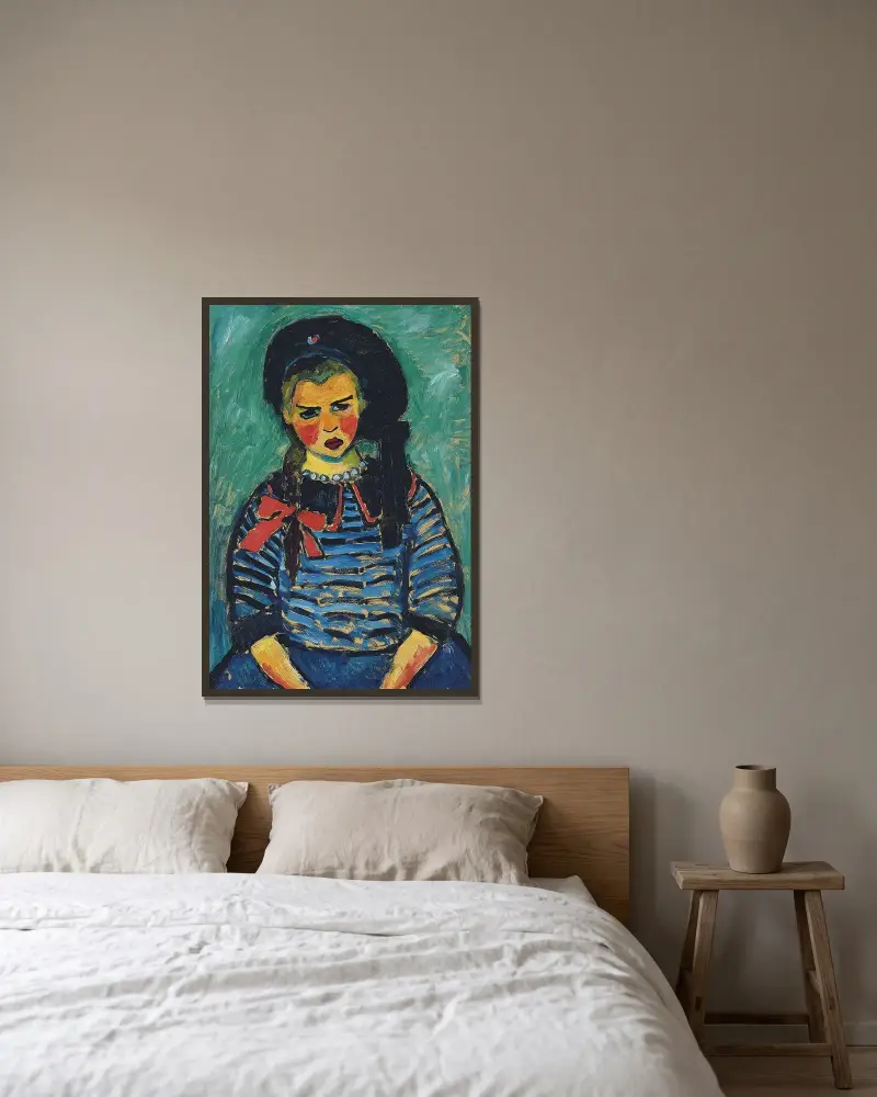 Girl With Red Ribbon av Alexej von Jawlensky inramad på en vägg