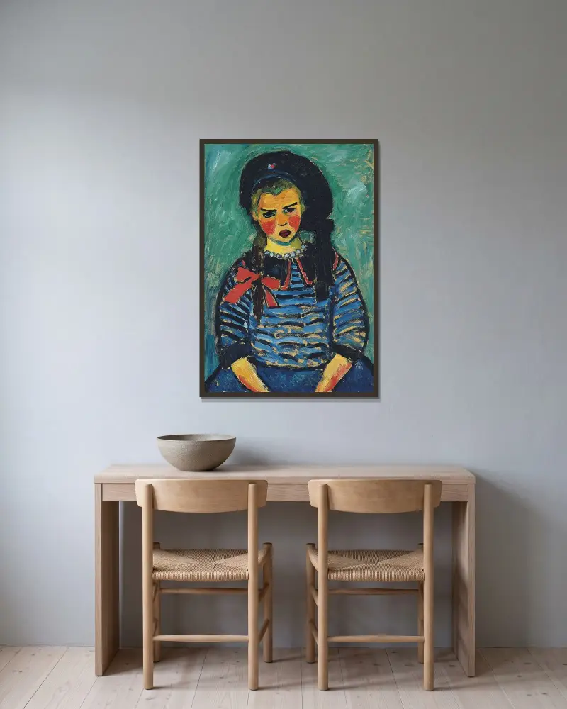 Girl With Red Ribbon av Alexej von Jawlensky inramad på en vägg