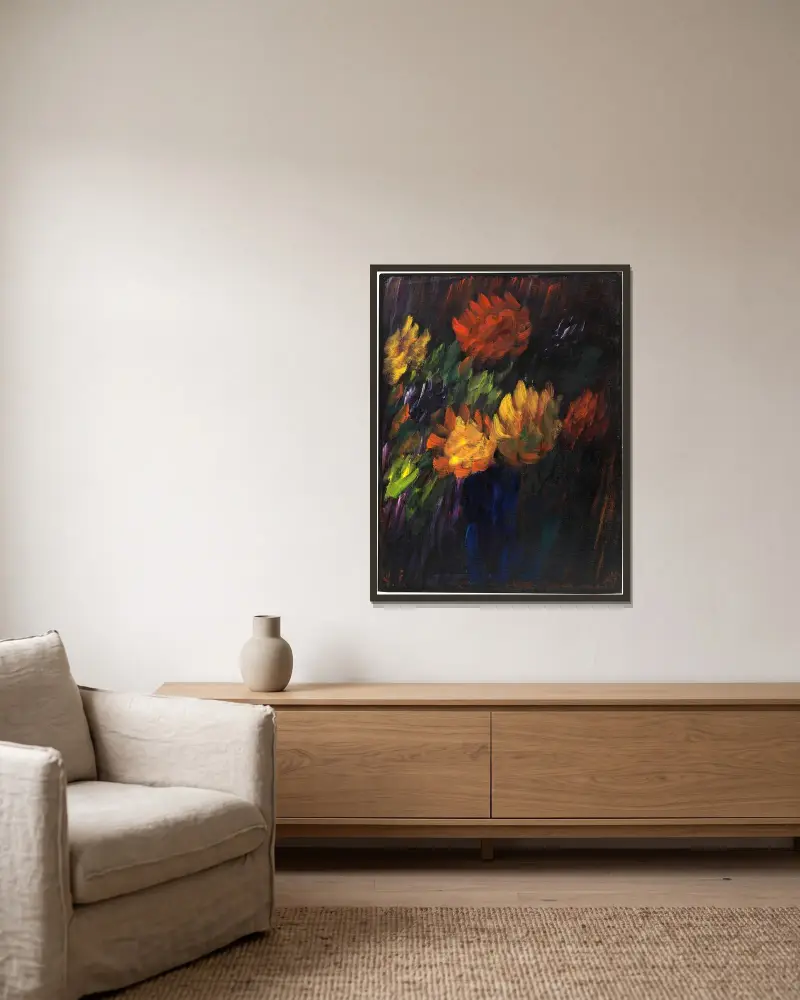 Grosses Stilleben; Chrysanthemen av Alexej von Jawlensky inramad på en vägg