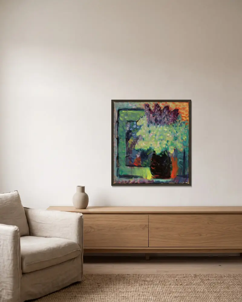 Grosses Stilleben (Fliederstrauss in Vase) av Alexej von Jawlensky inramad på en vägg