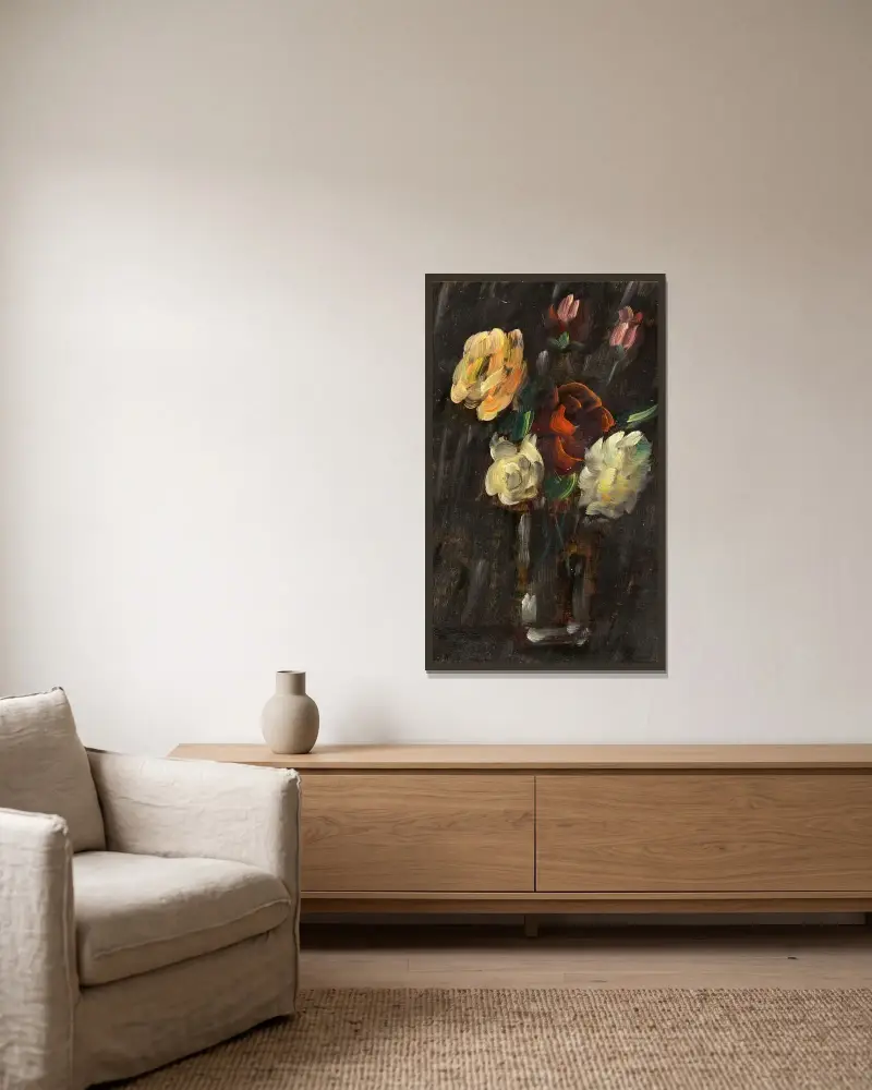 Großes Stillleben; Stillleben auf schwarzem Hintergrund, helles Glas mit rosa und roten Rosen av Alexej von Jawlensky inramad på en vägg