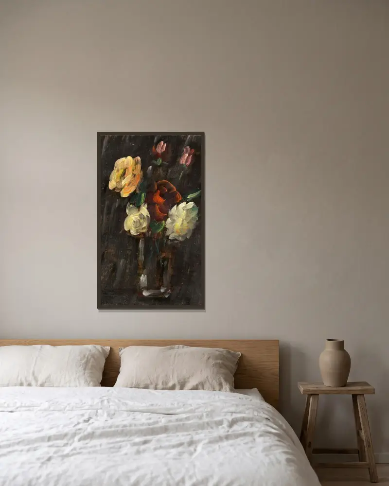 Großes Stillleben; Stillleben auf schwarzem Hintergrund, helles Glas mit rosa und roten Rosen av Alexej von Jawlensky inramad på en vägg