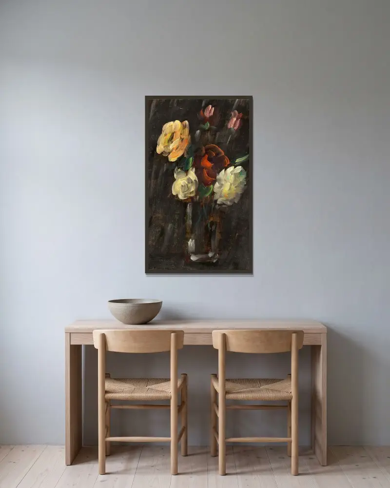 Großes Stillleben; Stillleben auf schwarzem Hintergrund, helles Glas mit rosa und roten Rosen av Alexej von Jawlensky inramad på en vägg