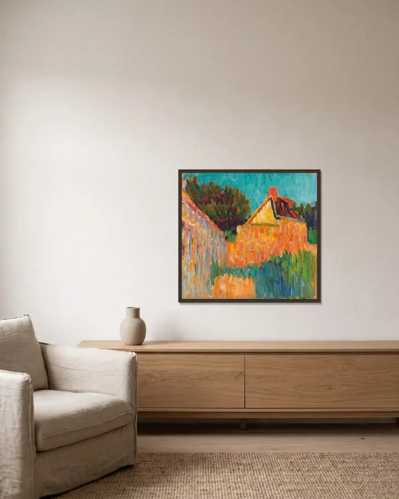 Kleines Haus vor Buschwerk (Französische Landschaft) av Alexej von Jawlensky inramad på en vägg