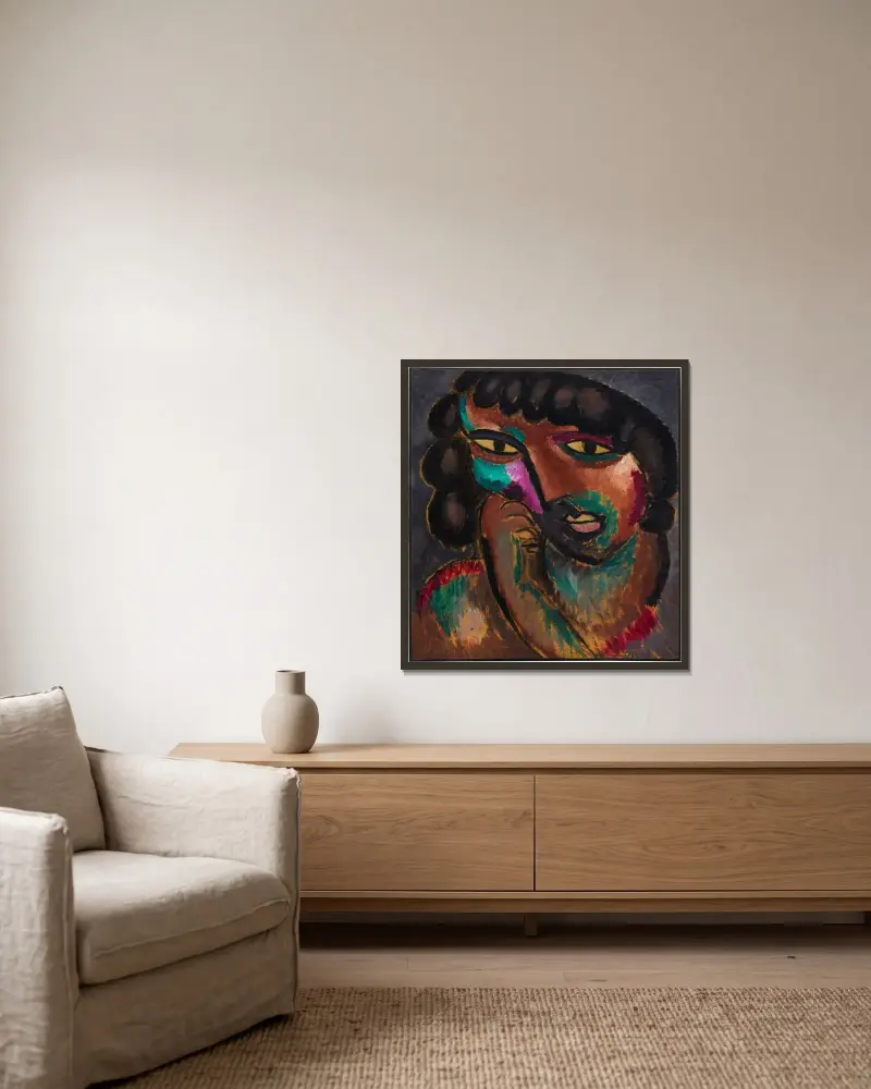 Huvud i bronsfärg – Porträtt av Sacharoff av Alexej von Jawlensky inramad på en vägg