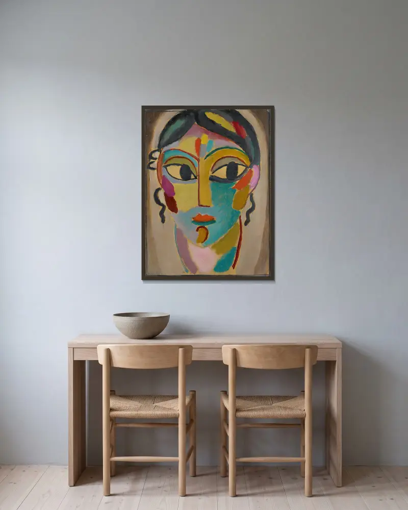 Mystiskt huvud, flickhuvud (frontalt) av Alexej von Jawlensky inramad på en vägg