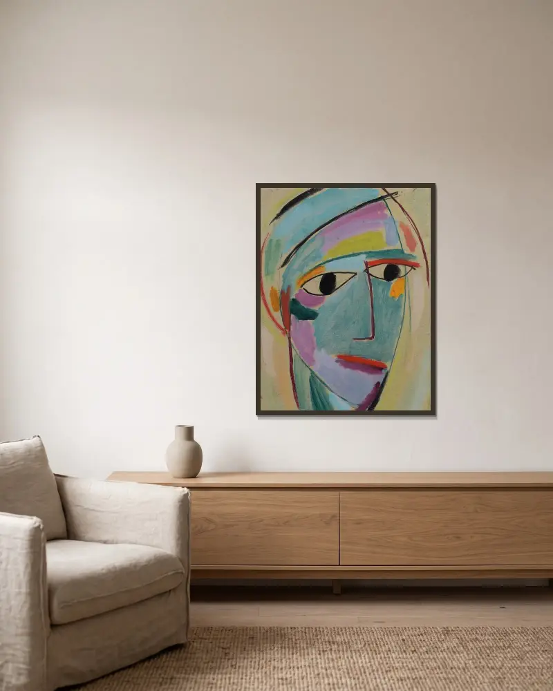 Mystical head, Three-quarter profile av Alexej von Jawlensky inramad på en vägg