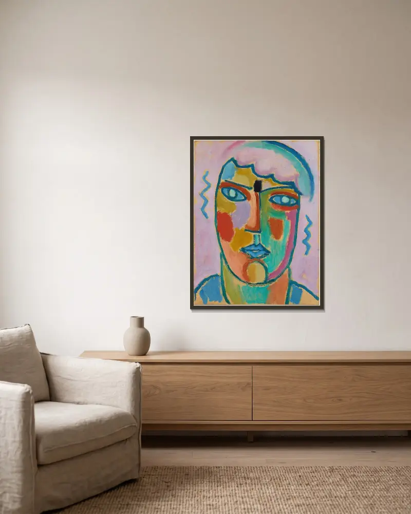Mystischer Kopf; Kopf in Lila und Blau av Alexej von Jawlensky inramad på en vägg