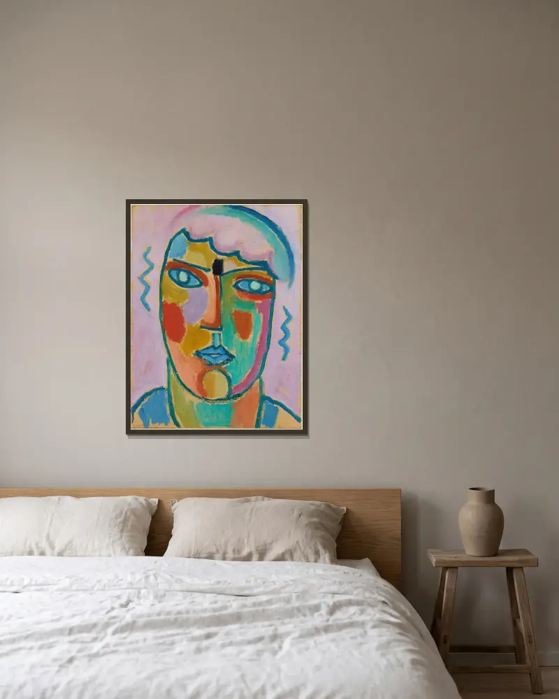 Mystischer Kopf; Kopf in Lila und Blau av Alexej von Jawlensky inramad på en vägg