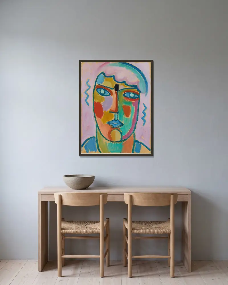 Mystischer Kopf; Kopf in Lila und Blau av Alexej von Jawlensky inramad på en vägg