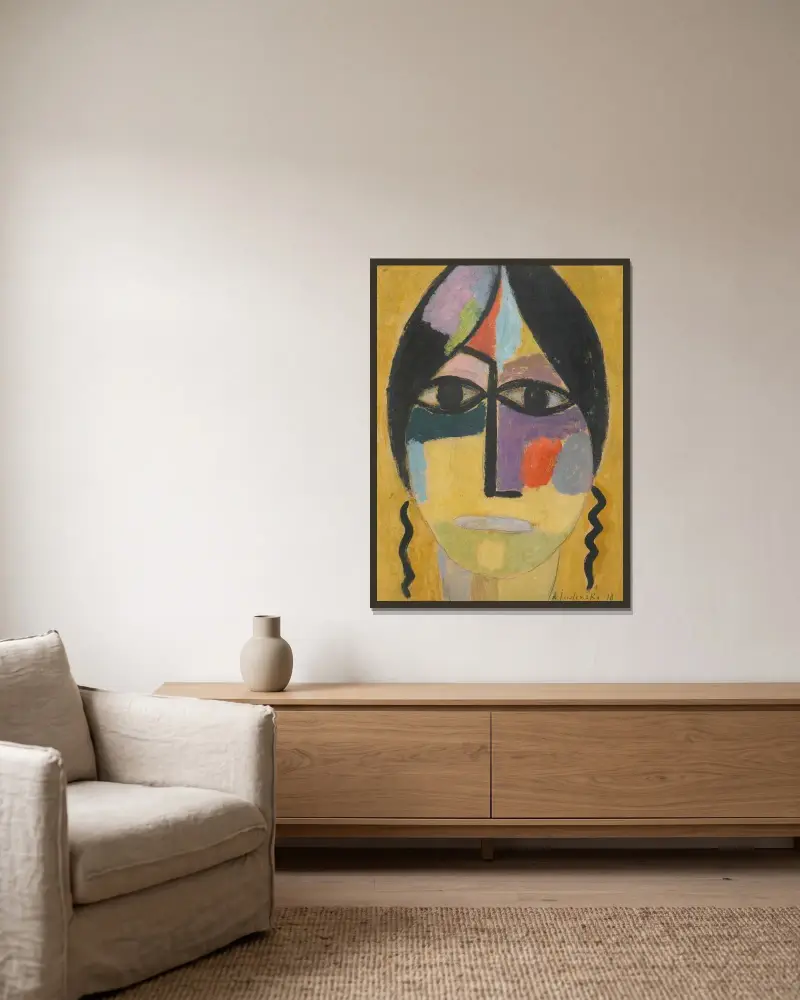 Mystischer Kopf; Rabenflügel Iv (Mystical Head; Raven’s Wing Iv) av Alexej von Jawlensky inramad på en vägg