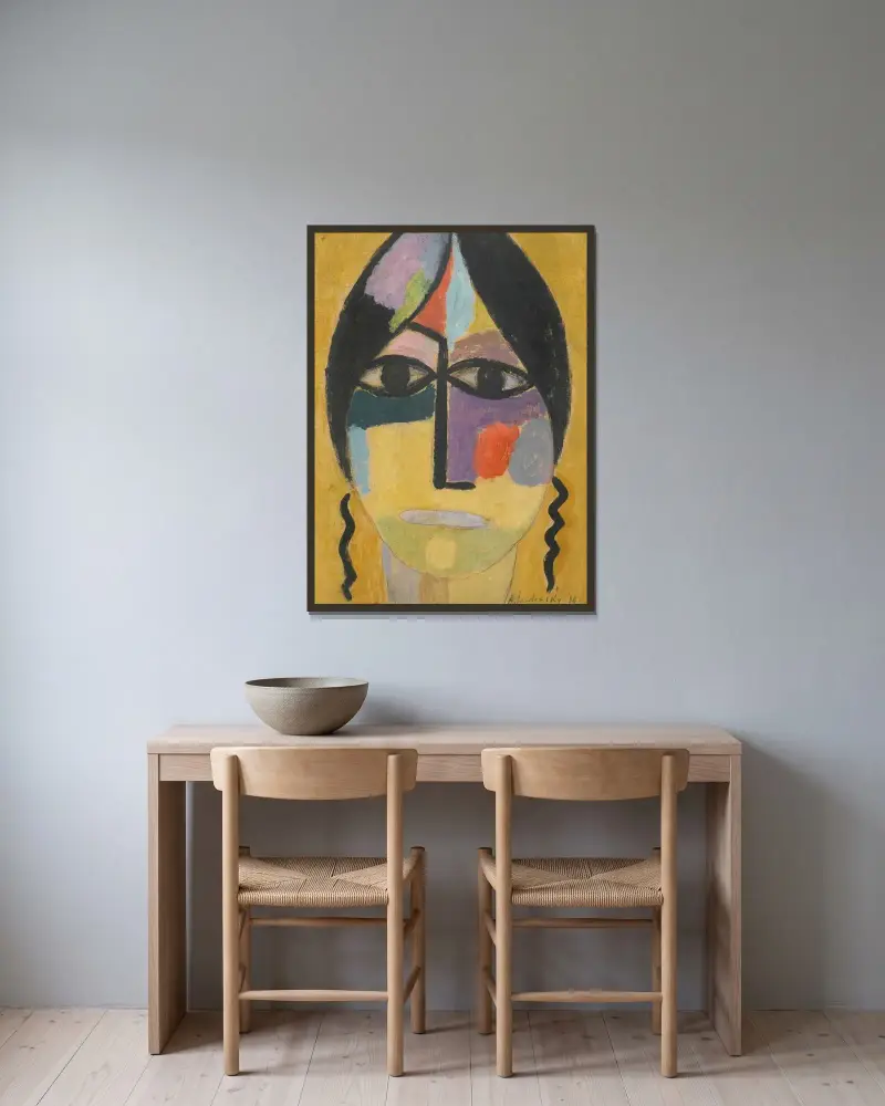 Mystischer Kopf; Rabenflügel Iv (Mystical Head; Raven’s Wing Iv) av Alexej von Jawlensky inramad på en vägg