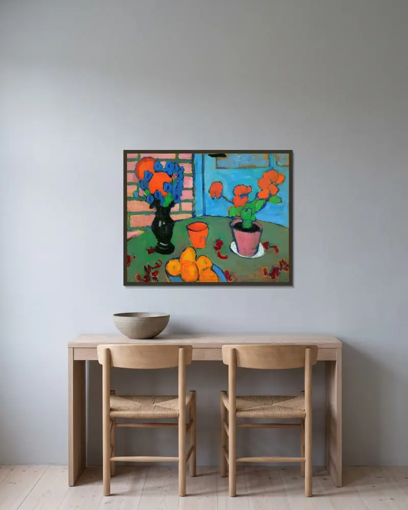 Still-Life With Flowers And Oranges av Alexej von Jawlensky inramad på en vägg