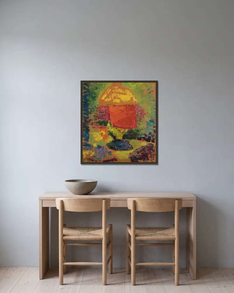 Still Life with Petroleum Lamp av Alexej von Jawlensky inramad på en vägg