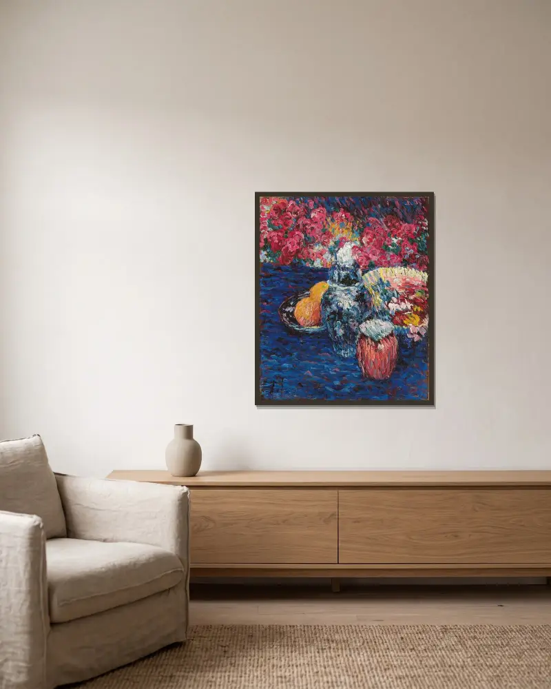 Stilleben mit Blumen und Früchten av Alexej von Jawlensky inramad på en vägg