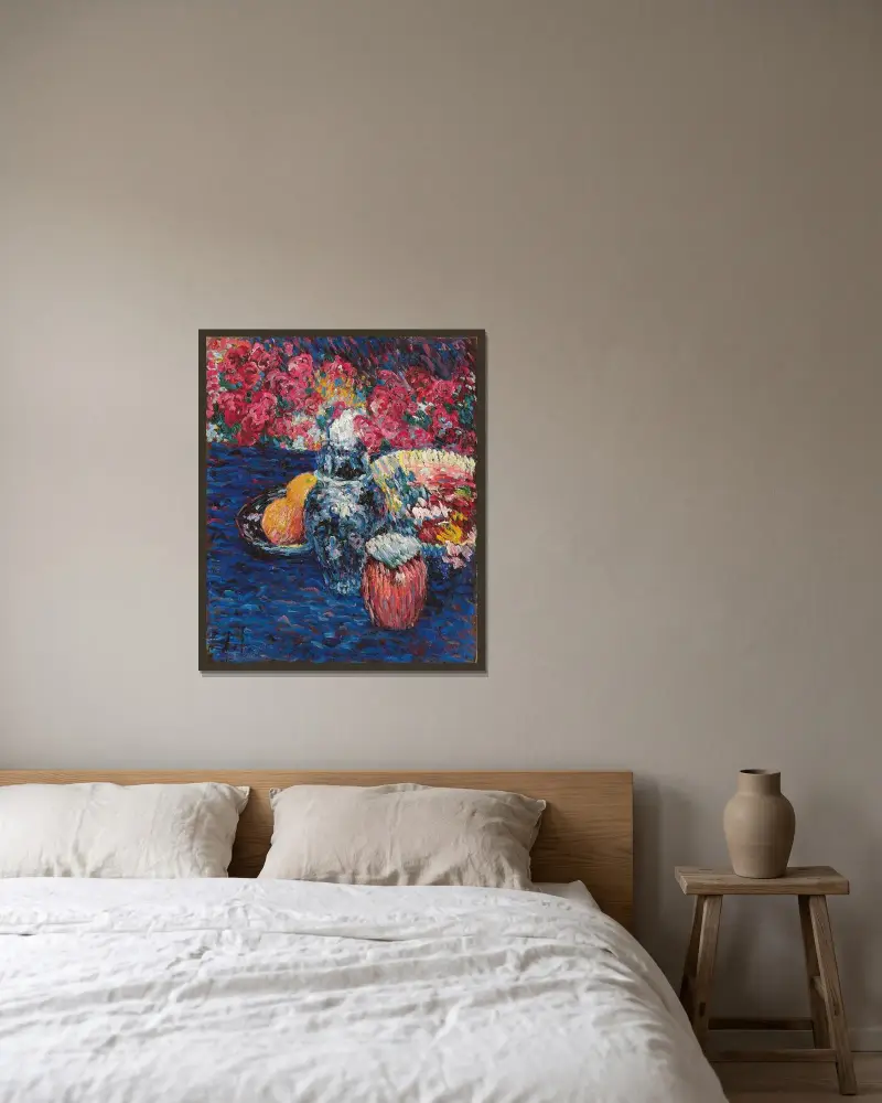 Stilleben mit Blumen und Früchten av Alexej von Jawlensky inramad på en vägg