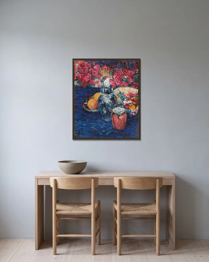 Stilleben mit Blumen und Früchten av Alexej von Jawlensky inramad på en vägg