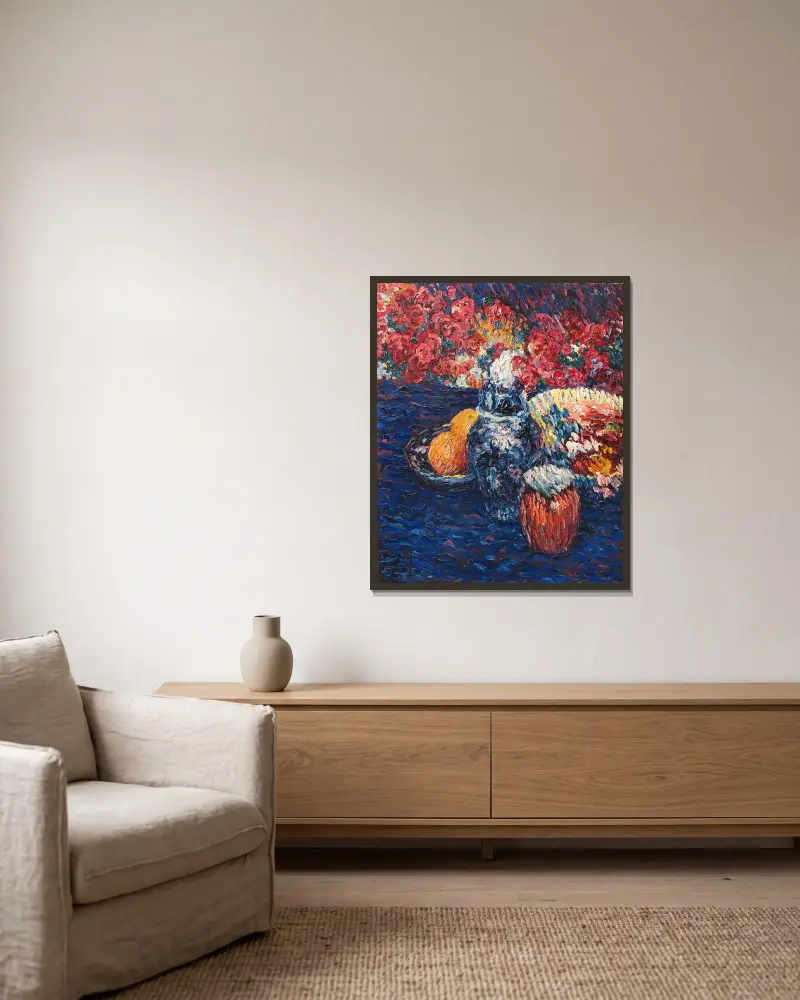 Stillleben mit Blumen und Früchten av Alexej von Jawlensky inramad på en vägg