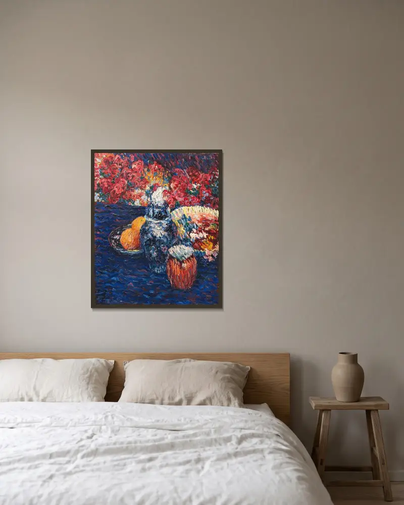 Stillleben mit Blumen und Früchten av Alexej von Jawlensky inramad på en vägg