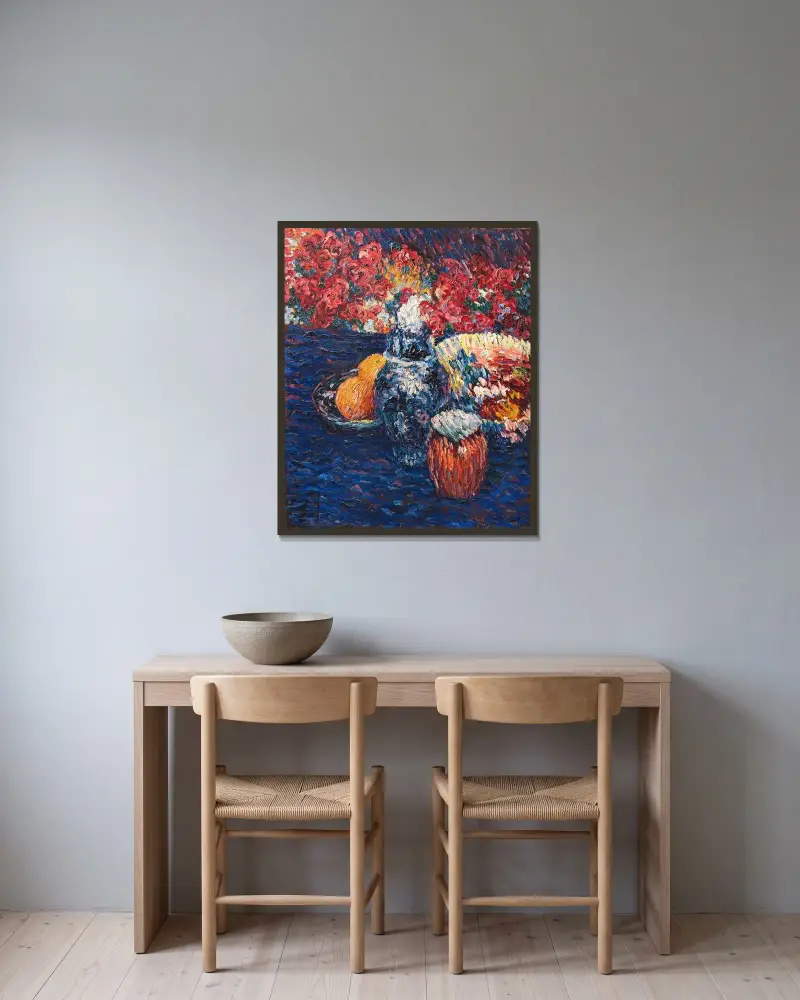 Stillleben mit Blumen und Früchten av Alexej von Jawlensky inramad på en vägg