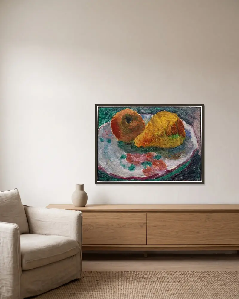 Stillleben mit Fayenceteller und Früchten av Alexej von Jawlensky inramad på en vägg